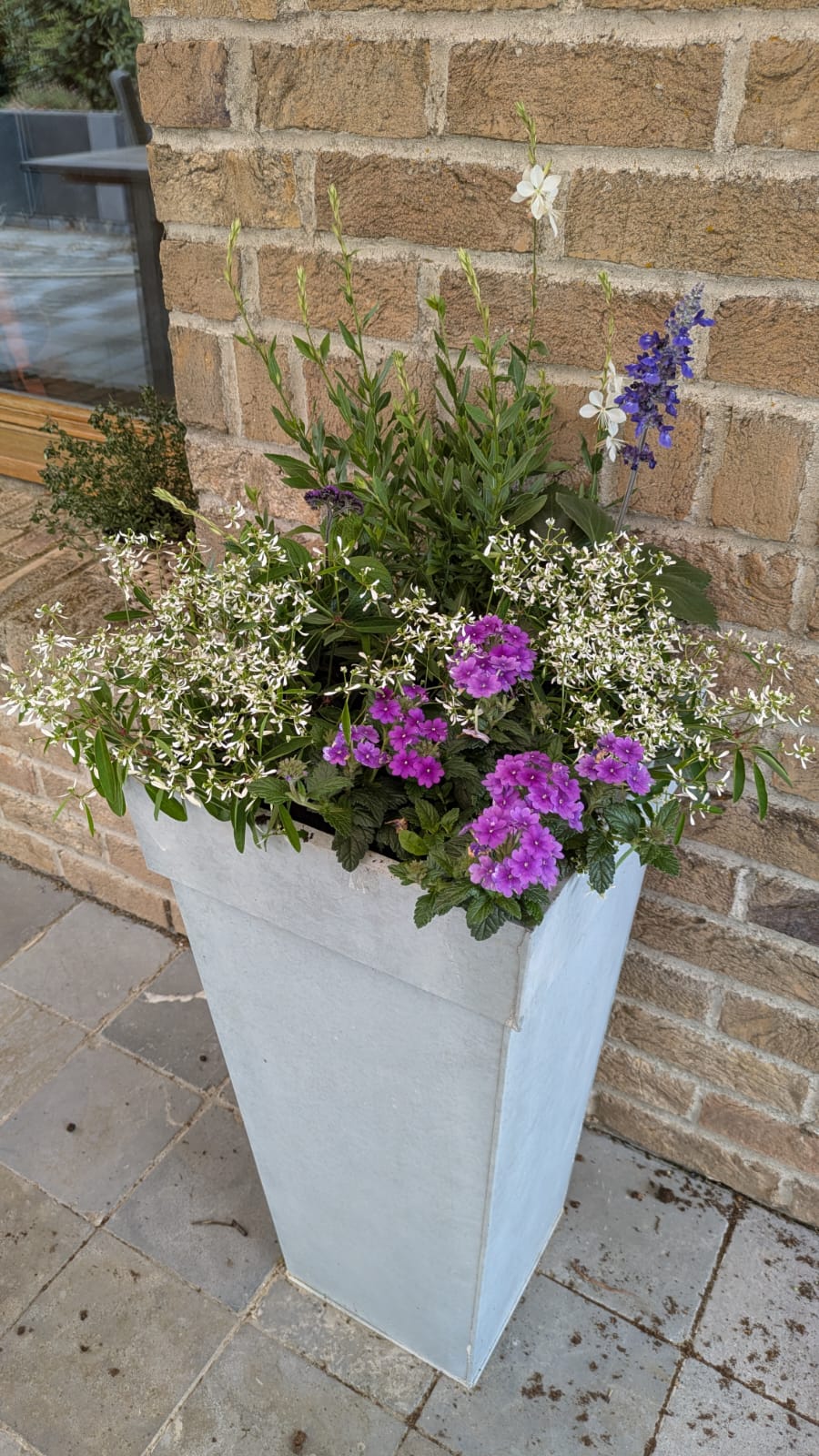 Haut pot blanc composé de gypsophile et de pétunias violets